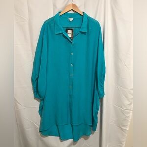NWT Avenue 22/24 Teal Button-Front Lightweight Tunic Top Shirt Blouse